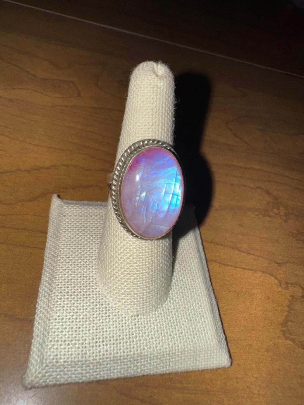 Solid Sterling Silver Pink Moonstone Oval  Rope Bezel Ring - Picture 6 of 10
